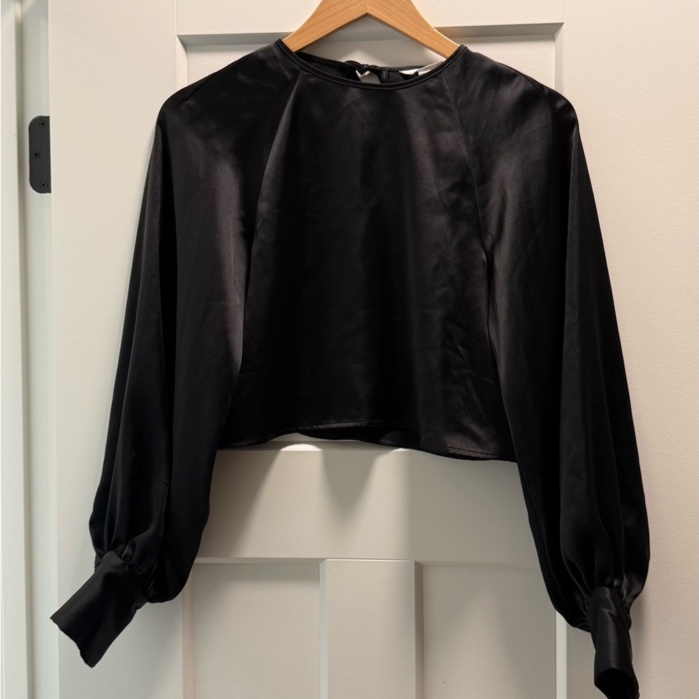 H&M Black Satin Balloon-Sleeve Crop Top